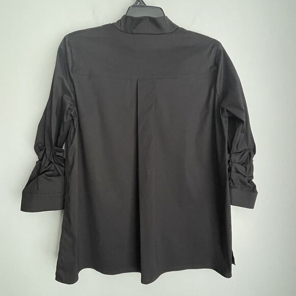 Misook Ruched Sleeve Nylon Blend Tunic Popover Size Large Black Quiet Luxury - Picture 4 of 15
